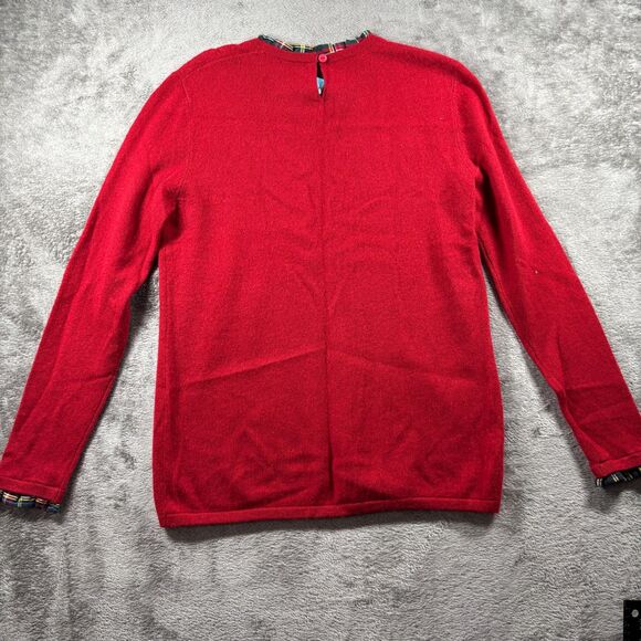 Two Bees Cashmere Women Sweater Tartan Plaid Trim Crewneck Preppy Red XL I138 - Picture 4 of 9
